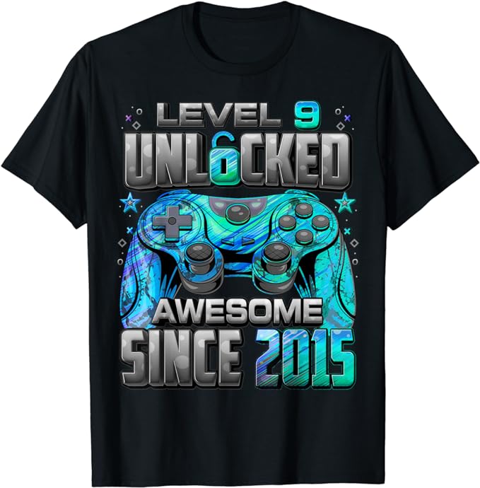 Level 9 Unlocked Awesome Since 2015 9th Birthday Gaming T-Shirt