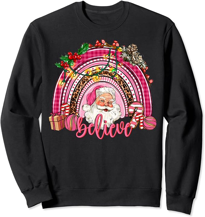 Pink Christmas Believe Santa Leopard Buffalo Plaid Rainbow Sweatshirt