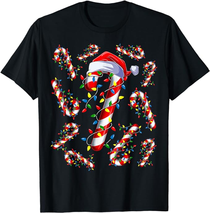 Red and White Candy Cane Santa Christmas Funny Xmas Lights T-Shirt