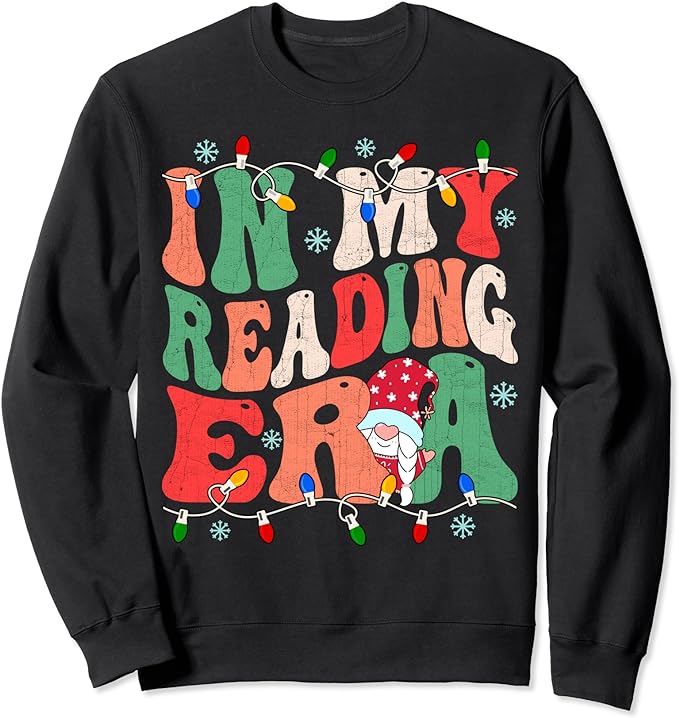 Retro Groovy In My Reading Era Gnome Light Teacher Christmas Sweatshirt