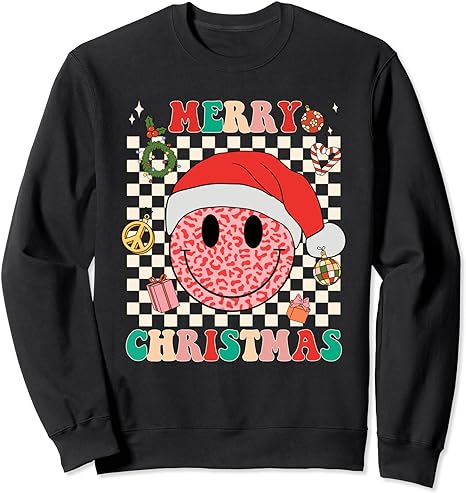 Retro Merry Christmas Happy Face Leopard Smile Face Trendy Sweatshirt