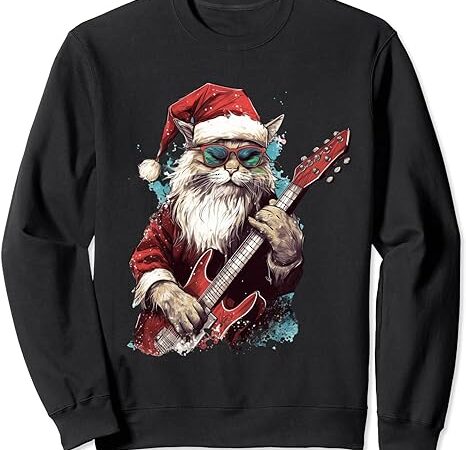 Rock cat playing guitar funny christmas santa claus sweatshirt