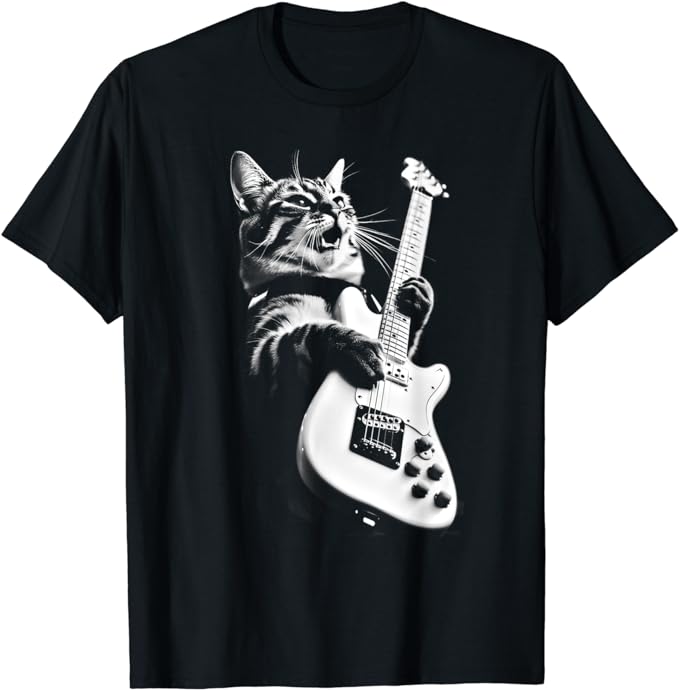 Rock Cat Playing Guitar – Funny Guitar Cat T-Shirt