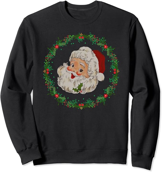 SANTA CLAUS CHRISTMAS WREATH, CUTE VINTAGE XMAS WOMEN’S Sweatshirt 1