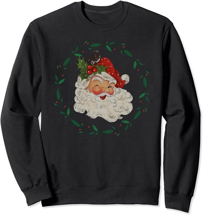 SANTA CLAUS CHRISTMAS WREATH, CUTE VINTAGE XMAS WOMEN’S Sweatshirt