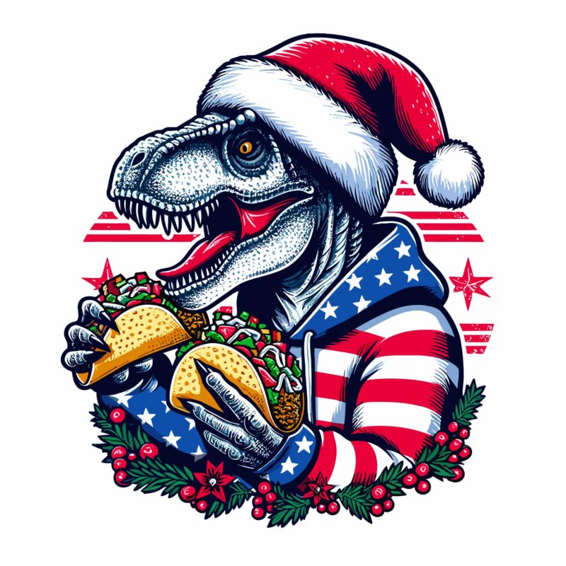 Trex eating taco on christmas