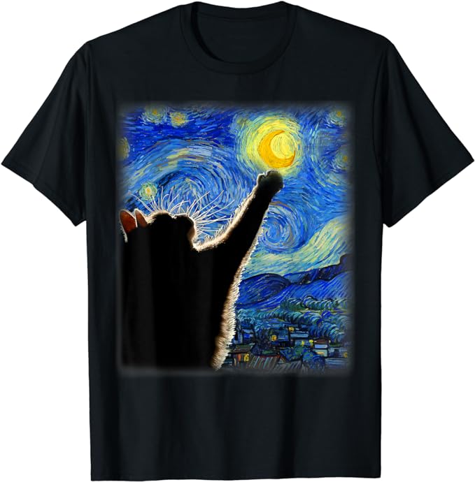 Van Gogh Starry Night Cat T-Shirt – Classic Fit, Cat Lover Mom Dad Gift, Black Crew Neck