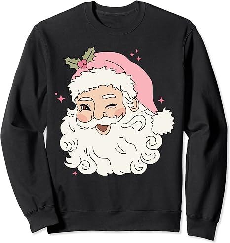 Vintage Pink Christmas Santa Claus Merry Xmas Women Girls Sweatshirt