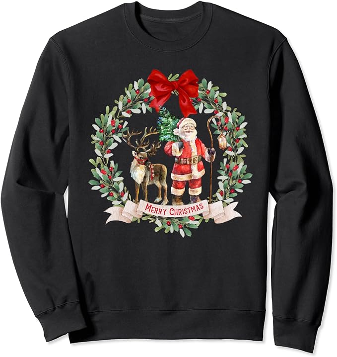 Vintage Santa Claus with Reindeer Red Green Aesthetic Sweatshirt