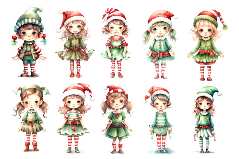 Watercolor Christmas Elves. Clipart Bundle.