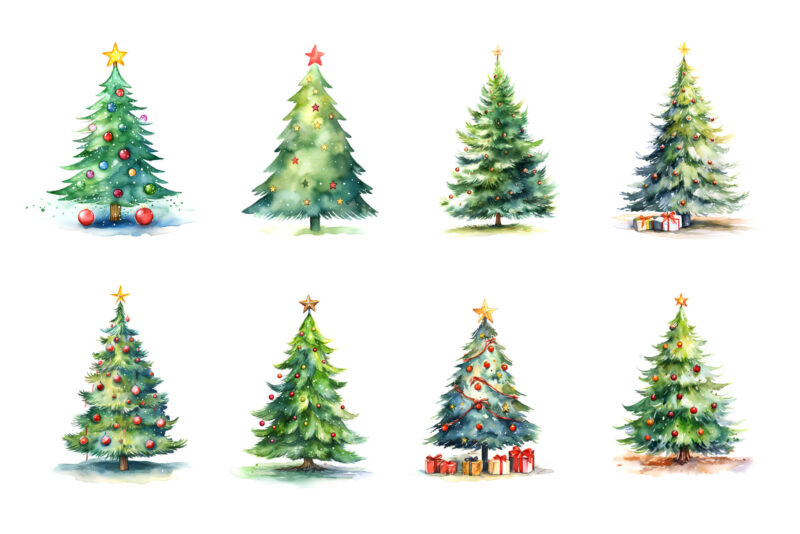 Watercolor Christmas Trees. Clipart Bundle.