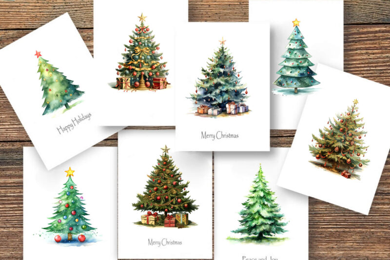 Watercolor Christmas Trees. Clipart Bundle.