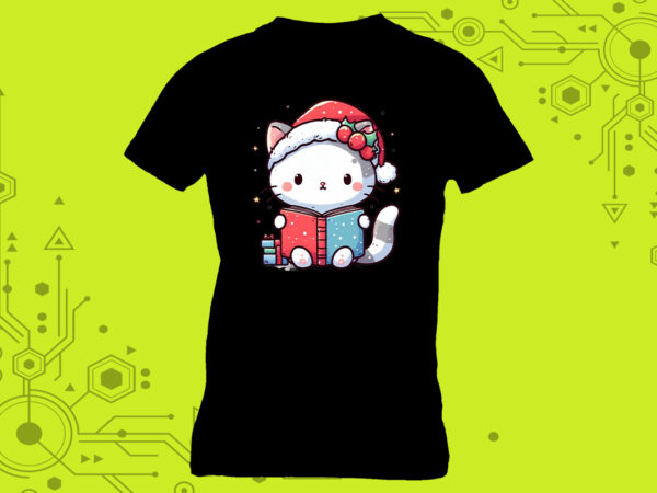 Whiskered reader cat in an illustration clipart for a book-themed tshirt meticulously crafted for print on demand websites