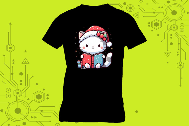 Whiskered reader cat in an illustration clipart for a book-themed tshirt meticulously crafted for Print on Demand websites