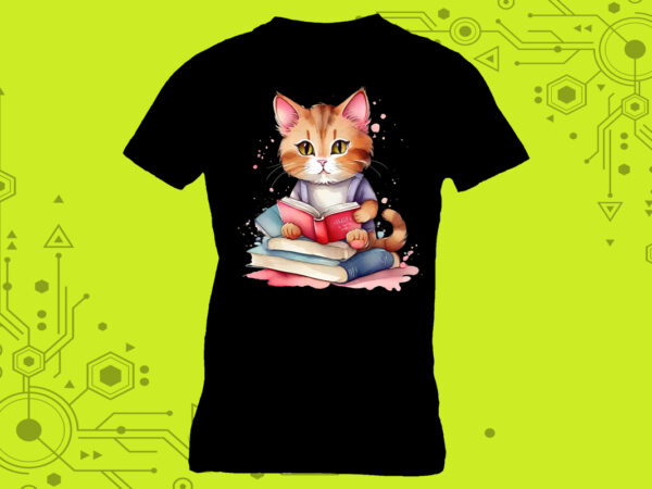 Cat reading book illustration graphics for t-shirt design expertly crafted for print on demand websites