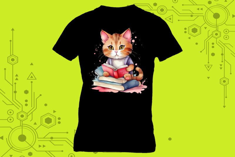 Cat Reading book illustration graphics for t-shirt design expertly crafted for Print on Demand websites