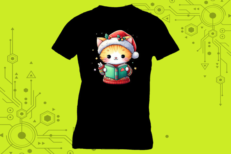 Tshirt design idea A cat immersed in a book with a charming illustration tailor-made for Print on Demand platforms