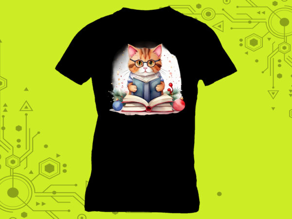 T-shirt design featuring a cat absorbed in reading with book lover vibes meticulously crafted for print on demand websites