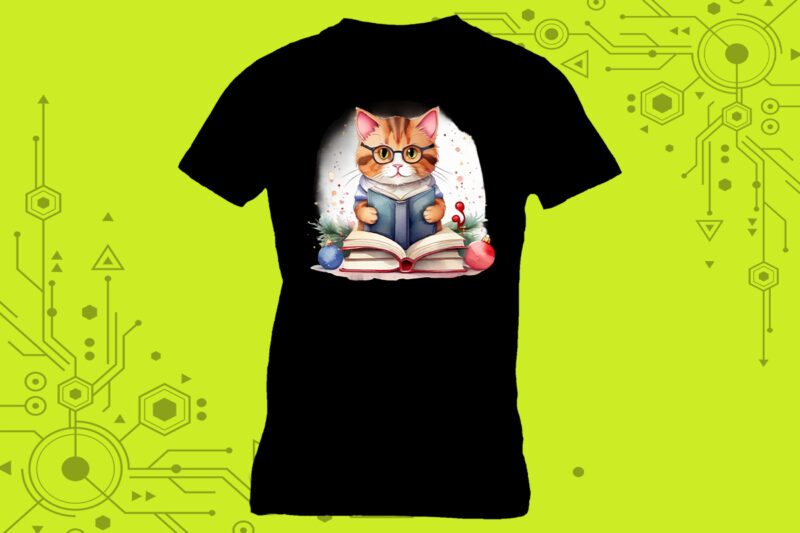 T-shirt design featuring a cat absorbed in reading with book lover vibes meticulously crafted for Print on Demand websites