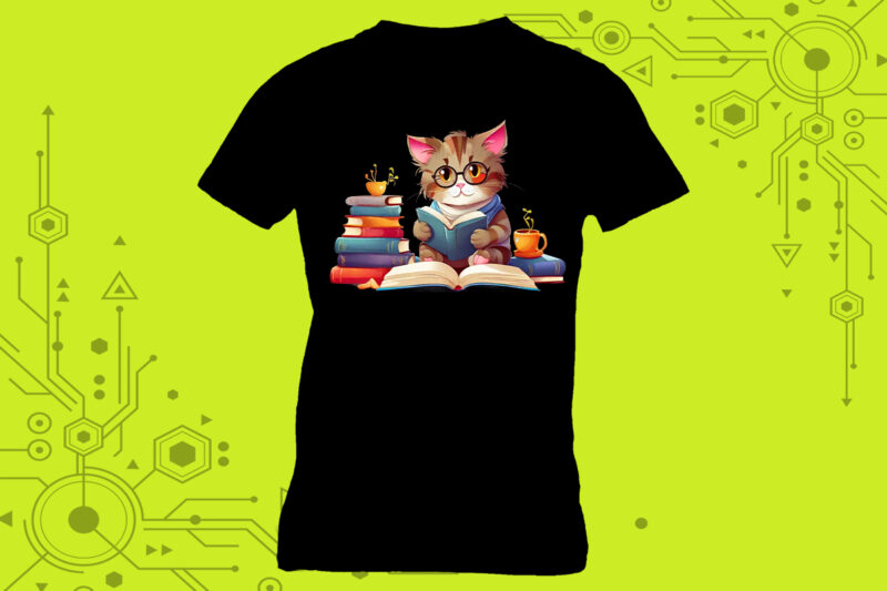 Cozy t-shirt design featuring an adorable cat engrossed in a good book curated specifically for Print on Demand websites