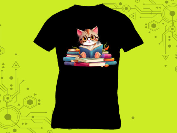 Cat reading book illustration graphics for t-shirt design expertly crafted for print on demand websites