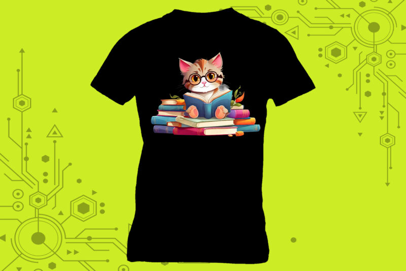 Cat Reading book illustration graphics for t-shirt design expertly crafted for Print on Demand websites