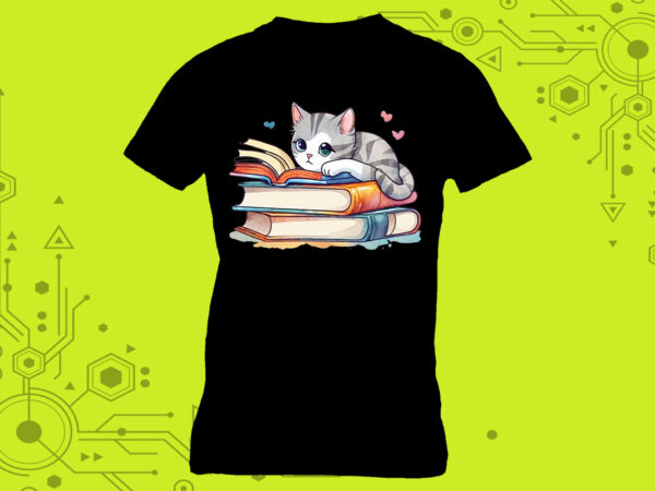 T-shirt design featuring a cat absorbed in reading with book lover vibes meticulously crafted for print on demand websites