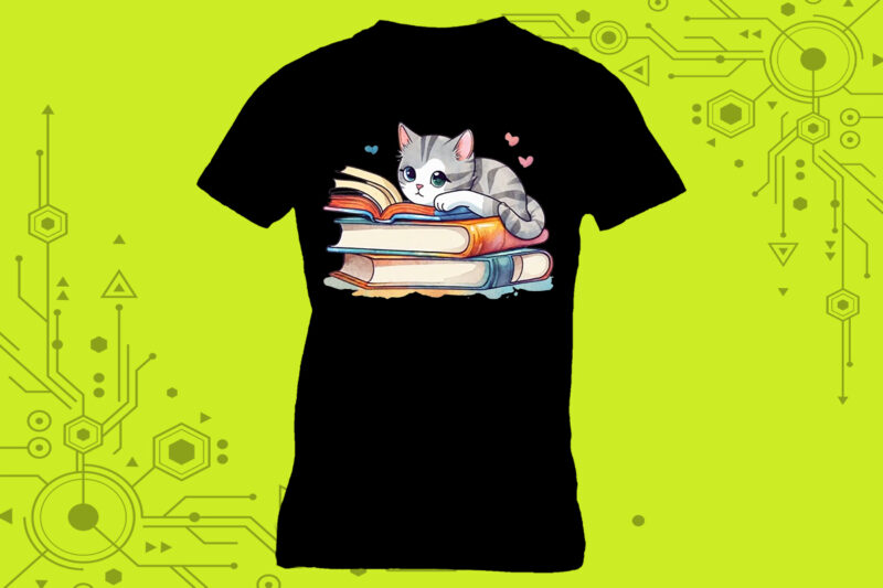 T-shirt design featuring a cat absorbed in reading with book lover vibes meticulously crafted for Print on Demand websites