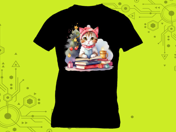 Whiskered reader cat in an illustration clipart for a book-themed tshirt meticulously crafted for print on demand websites