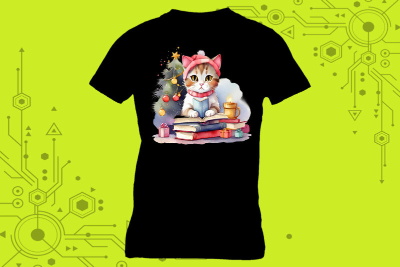 Whiskered reader cat in an illustration clipart for a book-themed tshirt meticulously crafted for Print on Demand websites