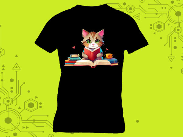 A cat engrossed in a book perfect for a tshirt design illustration curated specifically for print on demand websites