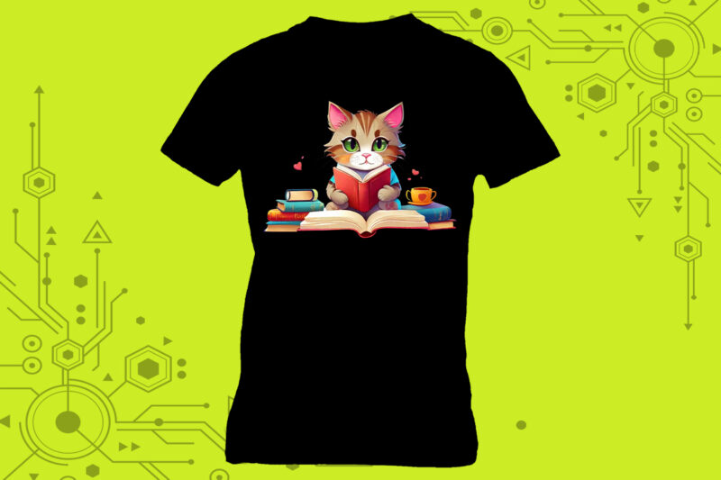 A cat engrossed in a book perfect for a tshirt design illustration curated specifically for Print on Demand websites