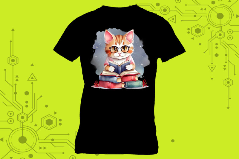 Cat Reading book illustration graphics for t-shirt design expertly crafted for Print on Demand websites