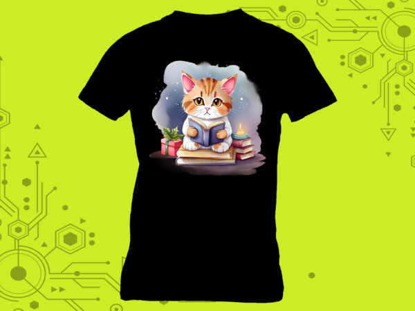 T-shirt design featuring a cat absorbed in reading with book lover vibes meticulously crafted for print on demand websites