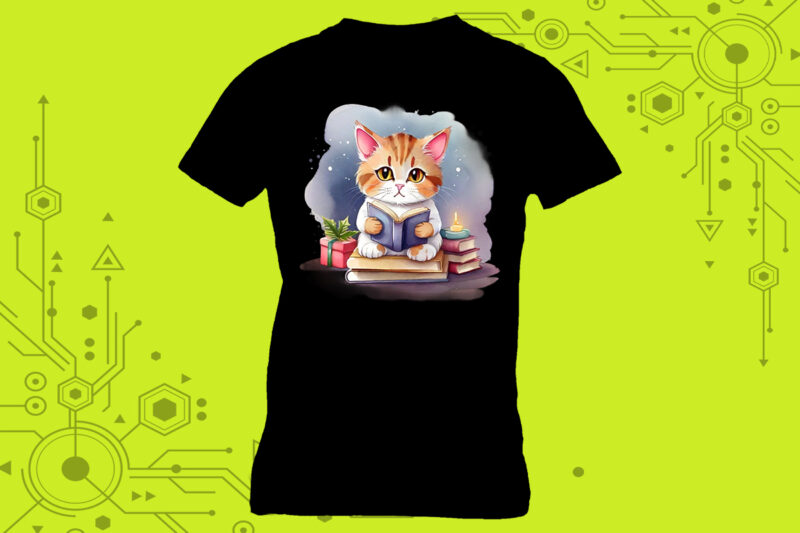 T-shirt design featuring a cat absorbed in reading with book lover vibes meticulously crafted for Print on Demand websites