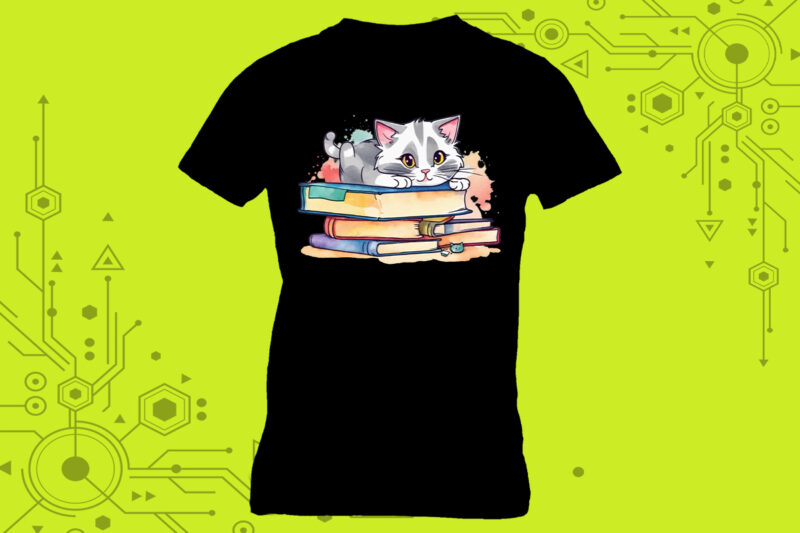 Sweet Bookworm cat illustration clipart ideal for your t-shirt design meticulously crafted for Print on Demand websites