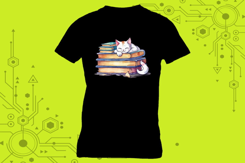 Cat reading book illustration clipart a delightful choice for a t-shirt meticulously crafted for Print on Demand websites