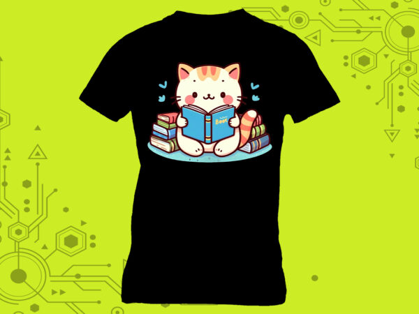 Cartoon character cozy t-shirt design featuring an adorable cat engrossed in a good book curated specifically for print on demand websites