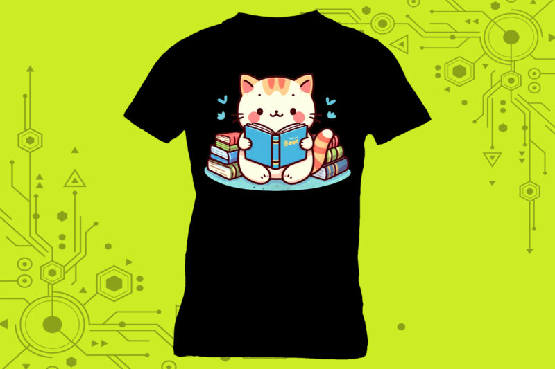 Cartoon Character Cozy t-shirt design featuring an adorable cat engrossed in a good book curated specifically for Print on Demand websites