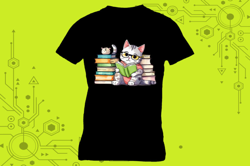 Delights Tshirt design idea A cat immersed in a book with a charming illustration curated specifically for Print on Demand websites