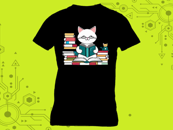 Cat reading book illustration graphics for t-shirt design expertly crafted for print on demand websites