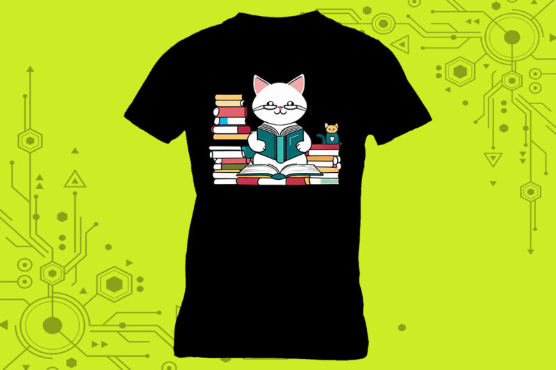 Cat Reading book illustration graphics for t-shirt design expertly crafted for Print on Demand websites