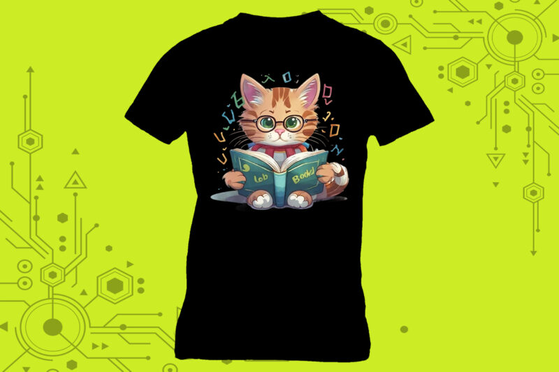 T-shirt design featuring a cat absorbed in reading with book lover vibes meticulously crafted for Print on Demand websites