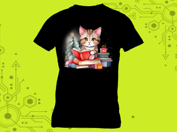 Whiskered reader cat in an illustration clipart for a book-themed tshirt meticulously crafted for print on demand websites