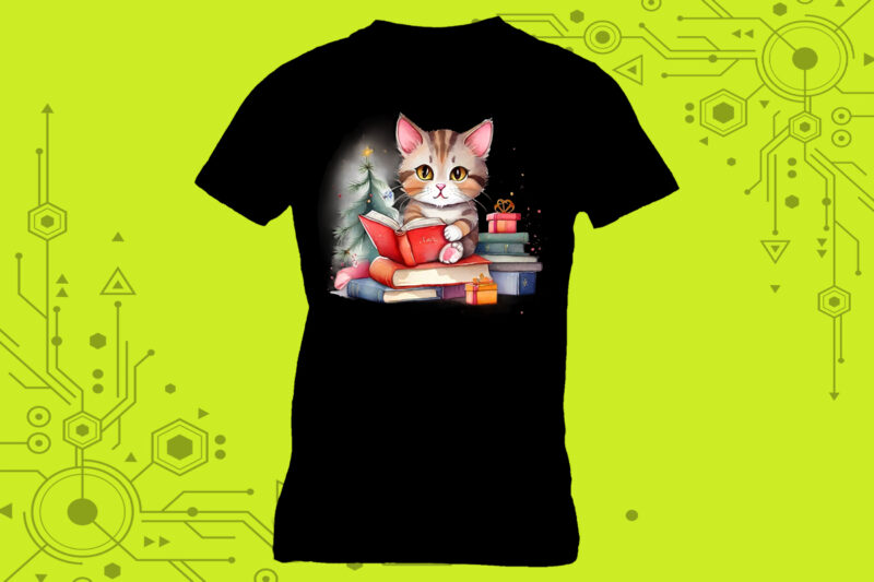 Whiskered reader cat in an illustration clipart for a book-themed tshirt meticulously crafted for Print on Demand websites