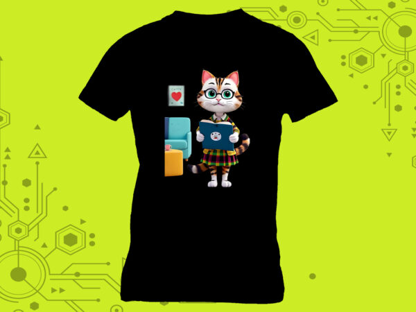 T-shirt design featuring a cat absorbed in reading with book lover vibes meticulously crafted for print on demand websites