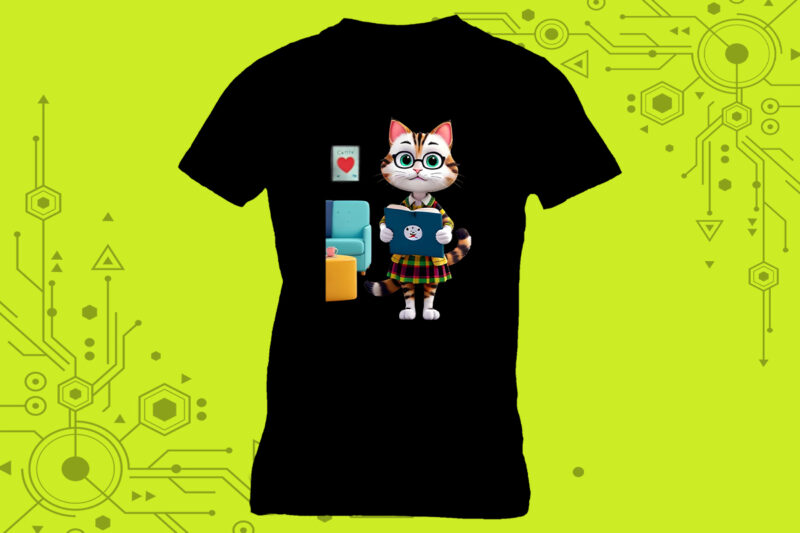 T-shirt design featuring a cat absorbed in reading with book lover vibes meticulously crafted for Print on Demand websites