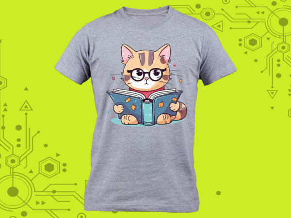 Pocket tshirt design idea a cat immersed in a book with a charming illustration tailor-made for print on demand platforms