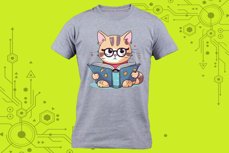 Pocket Tshirt design idea A cat immersed in a book with a charming illustration tailor-made for Print on Demand platforms