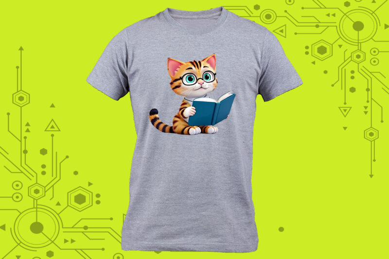 Cozy t-shirt design featuring an adorable cat engrossed in a good book curated specifically for Print on Demand websites